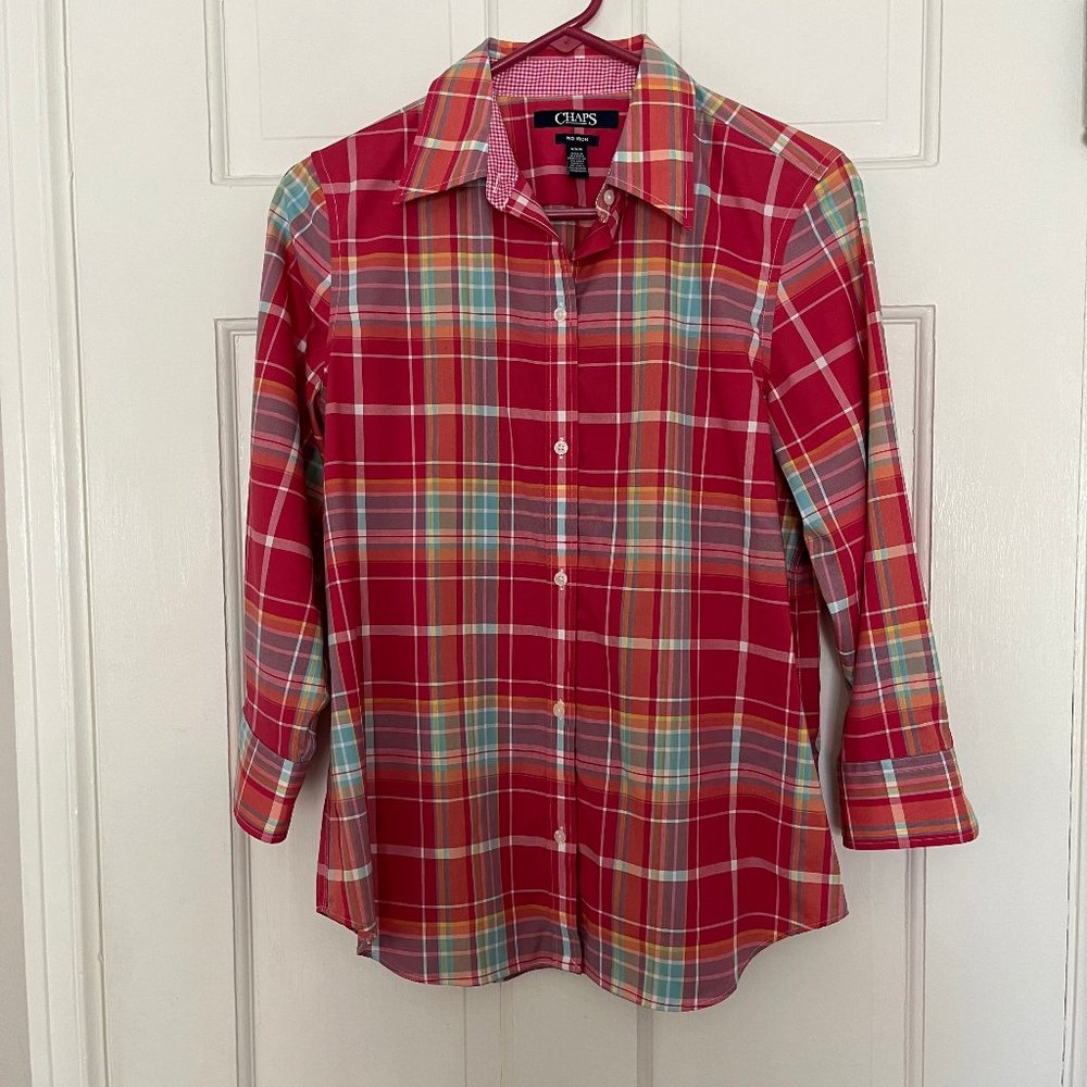 Chaps Long Sleeve No Iron Plaid Button Blouse Size M